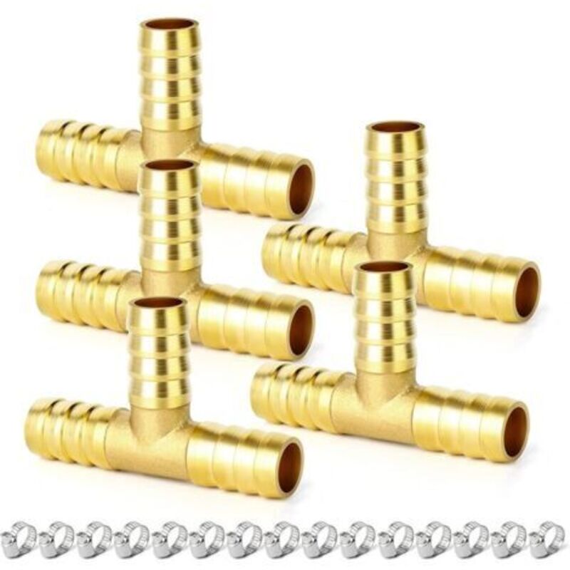 5 Stück Raccord En T Cannelé In 10 Mm Layton, Raccord En T Cannelé En T À 3 Voies Avec 15 Colliers De Serrage En Acier Inoxydable Pour Eau, Air, Gas Et Plomberie