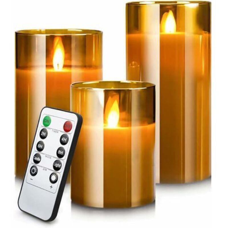 Set Mit 3 Flammenlosen Led-blättern – Pfahlleuchten Aus Glas – Flamme Frei Mit Fernbedienung Und Minuterie – Sichere Dekoration