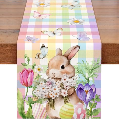 1 Chemin De Table De Pâques En Lin, Orné De Lapins, De Papillons Et De Fleurs – Abmessungen: 13 X 48 Pouces