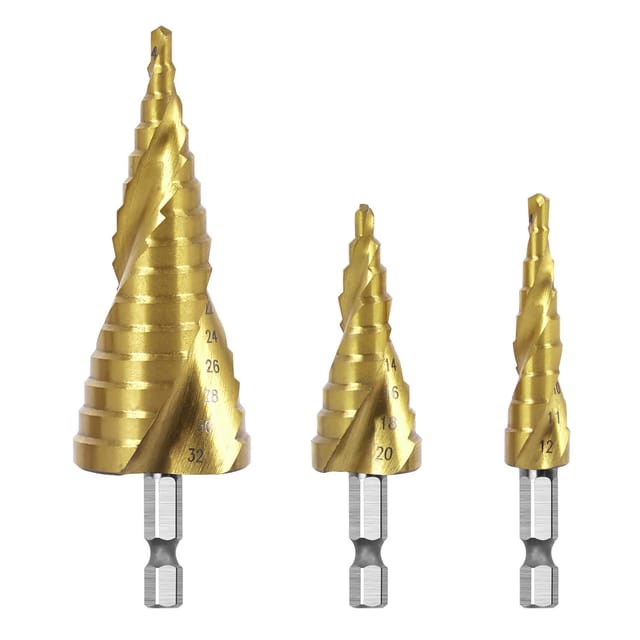 Metall-Stufenbohrer, konischer HSS-Bohrer mit Sechskant-Dreiecksschaft für Metall/Holz/Kunststoff, 3er-Pack, 4–12/4–20/4–32 mm