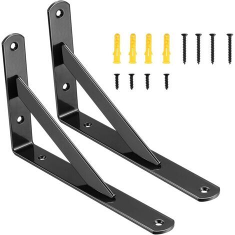 Set Mit 2 Dreieckigen Wandhalterungen Aus Metall – Robuste Regalhalterungen – Schwarz – Länge 20 Cm