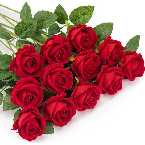 12 Künstliche Rosen, Fausses Fleurs En Flanelle, Fleurs D'Imitation À Tige Longue Unique Mit Boutons De Rose, Fleurs Décoratives Réalistes (rouges)