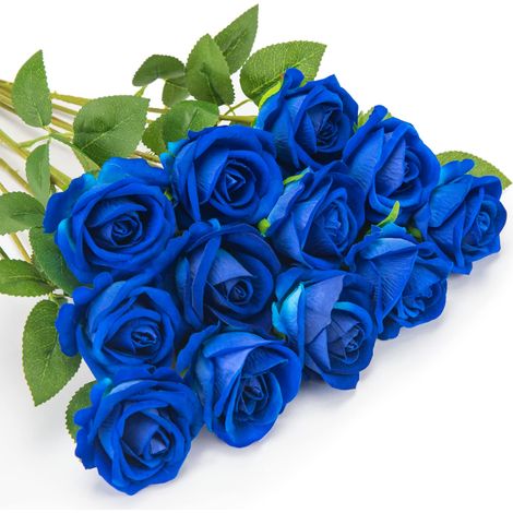12 Künstliche Rosen, Fausses Fleurs En Flanelle, Fleurs À Tige Longue Unique Mit Rosenboutons Für Die Dekoration Der Ehe, Des Hauses, Des Gartens, Des Jubiläumsfestes (blau)