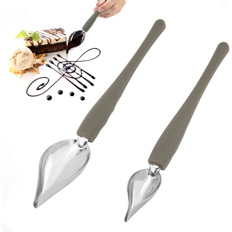 Zwei Saucenlöffel Aus Edelstahl Dienen Zum Garnieren Von Tellern, Kuchen Und Speisen.
