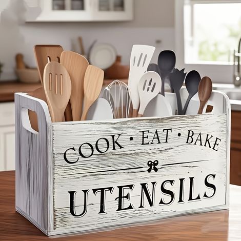 Organizer Für Küchenutensilien Aus Holz, Retro-stil, Extragroß Und Robust – Design Mit 3 Fächern (finition Bois Natural)