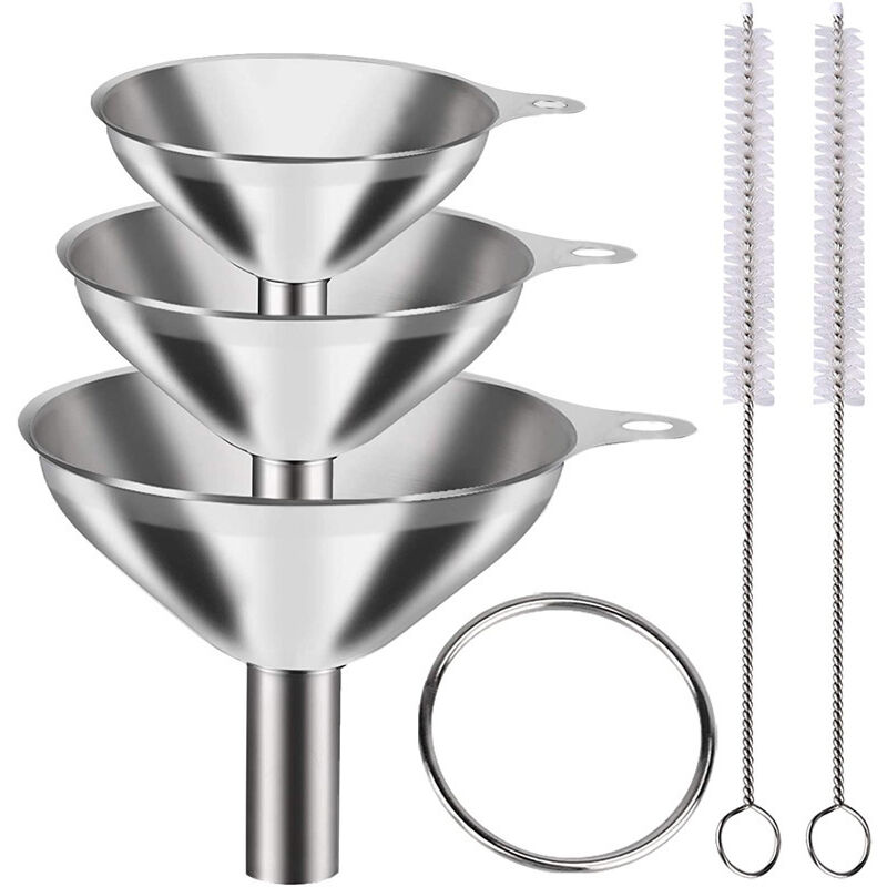 Set Aus 3 Unterschiedlich Großen Edelstahltrichtern Mit Reinigungsbürsten – Küchentrichter –