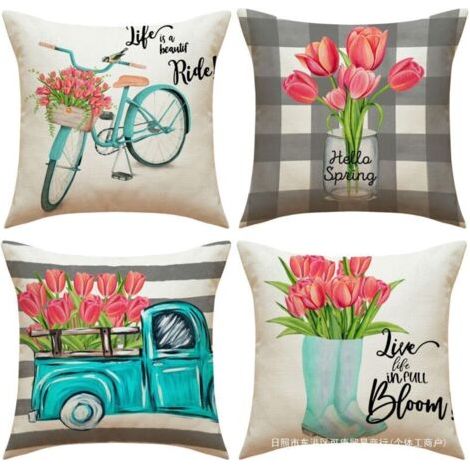 Lot De 4 Housses De Coussin Extérieur, Imperméable, Lin Moderne, 45x45 Cm, Motif Fleurs Printanières, Décor Canapé, Jardin