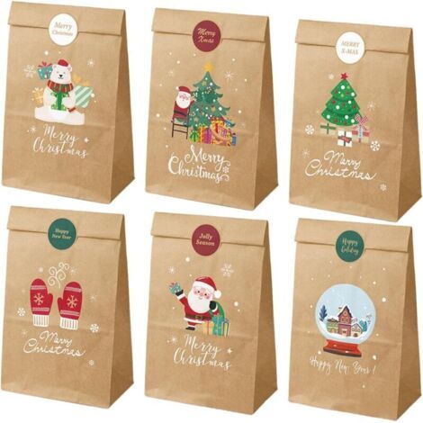 Weihnachtsgeschenktüten (12 Stück) – Braunes Kraftpapier Mit Aufkleber, 12 X 22 Cm, 6 Designs, Wiederverwendbar, Geeignet Für Partys, Süßigkeiten, Kekse