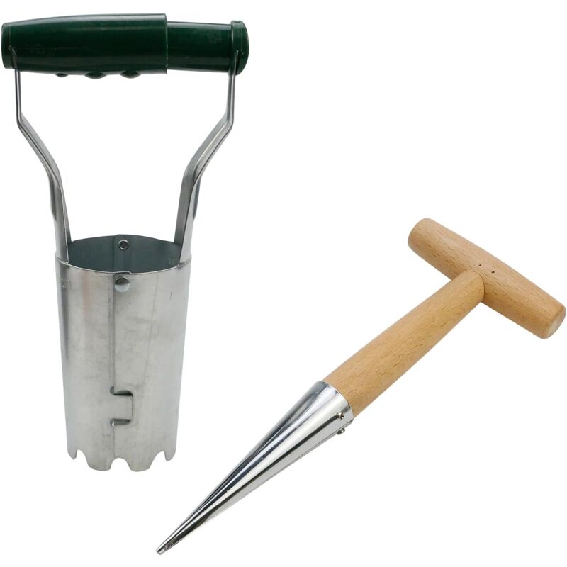 1+1 Blumenzwiebelpflanzgefäß Mit Tiefenmarkierung Und T-förmigem Pflanzstab, Ideal Zum Pflanzen Und Graben Von Blumenzwiebeln, Silber Und Grün –