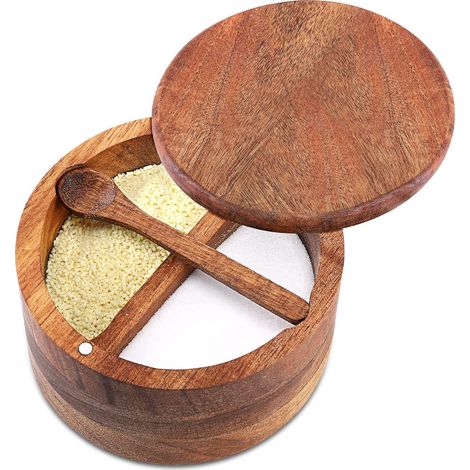 Bol À Sel Et Poivre En Bois, Boîte De Rangement Avec Cuillère Intégrée Et Couvercle Magnétique Rotatif (doppelte Fächer, 35 Cl)