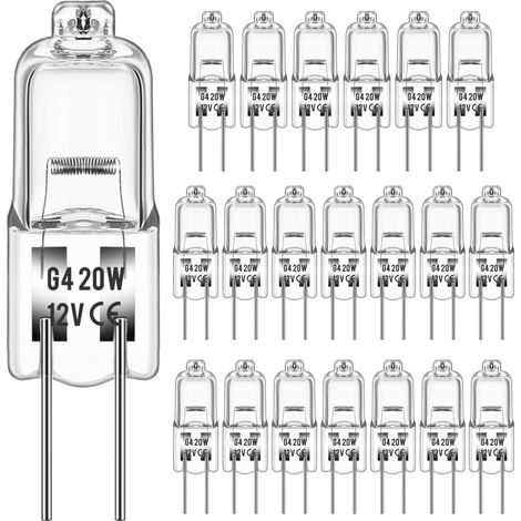 Halogenampullen, 20 Stück, Fassung G4, 2 Broschen, 12 V 20 W, Jc T3, Dimmbar, 3000 K.