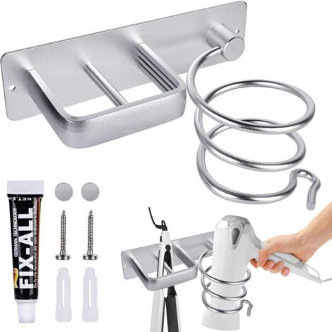 Haartrocknerhalter, Wandhalterung Aus Aluminium, Wandmontage Ohne Bohren, Ideal Für Hotels, Badezimmer, Salons Und Friseure. Farbe: Silber.