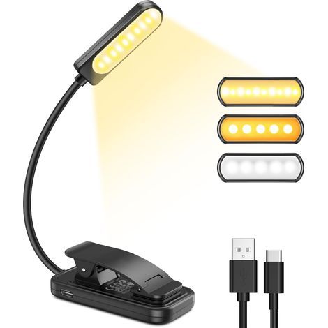 Lampe De Lecture 10 Led, Wiederaufladbare Liseuse-lampe Mit Clip, 3 Farben (chaud/blanc/mixte), 360° Couleur [energieklasse E]