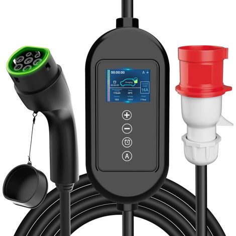 Mobiles Ladegerät Typ 2, 11 Kw, 7,5 Meter Tragbares Ladekabel Mit 3-phasen-cee-stecker, Strom Einstellbar Von 8 Bis 16 A, Schutzart Ip66, Entspricht Iec 62196-2
