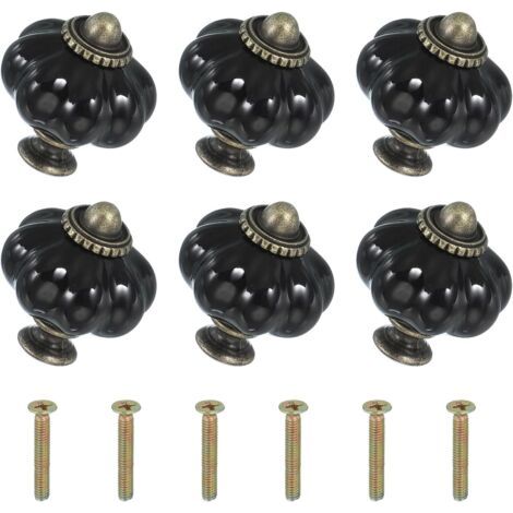 Sechs Schwarze Keramikknöpfe, Jeweils 3,3 X 3,3 X 3,8 Cm, Mit Schrauben. Kürbisförmige Schubladenknöpfe Und Griffe Aus Keramik.