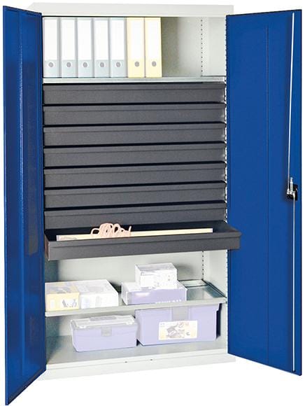 Werkzeug- und Materialschrank Serie 3000 lichtgrau / enzianblau + 8 Schublade 100 mm + 2 Auszugsböden durchgehend - 3008174 - Stumpf