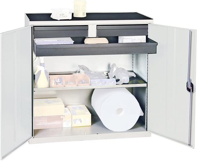 Werkzeug- und Materialschrank Serie 3000 lichtgrau + 2 Schubladen 100 mm + 1 Schublade 100 mm durchgehend + 1 Auszugsboden - 3007307 - Stumpf