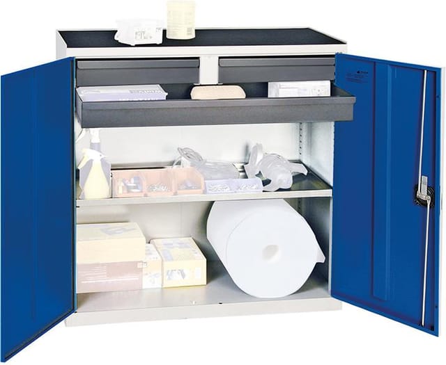 Stumpf Werkzeug- und Materialschrank Serie 3000 lichtgrau / enzianblau + 2 Schubladen 100 mm + 1 Schublade 100 mm durchgehend + 1 Auszugsboden