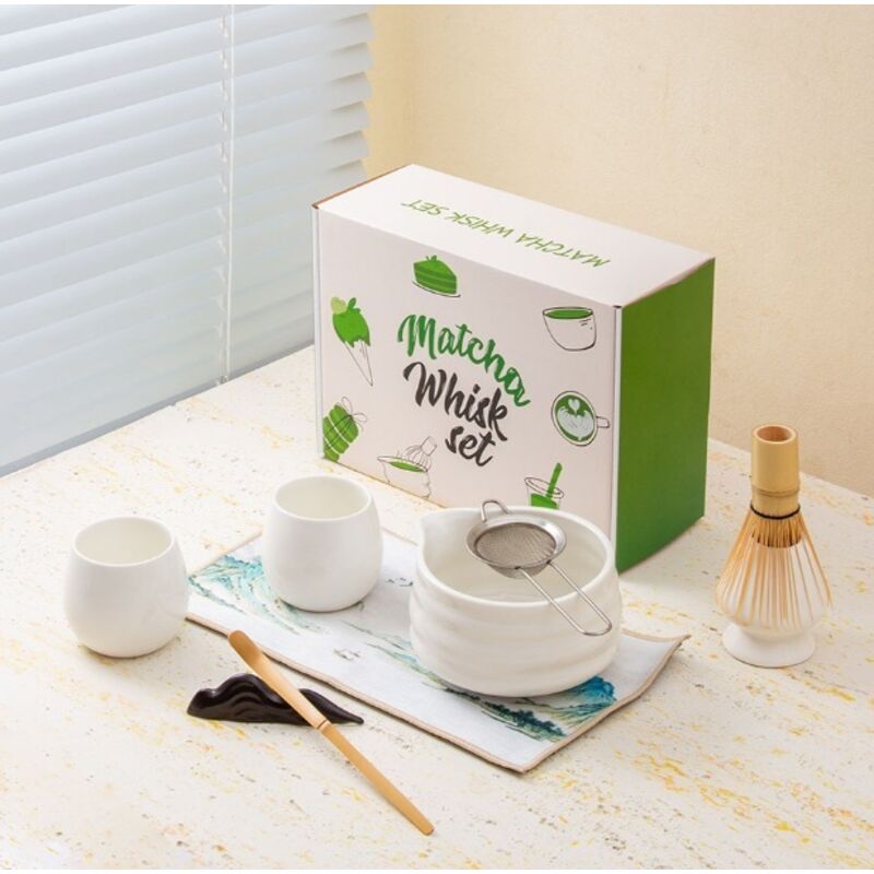 Matcha-box, 9-teilig: Schüssel, 2 Gläser, Schneebesen, Sieb, Löffel Und Tuch, Komplettes Zeremonie-set