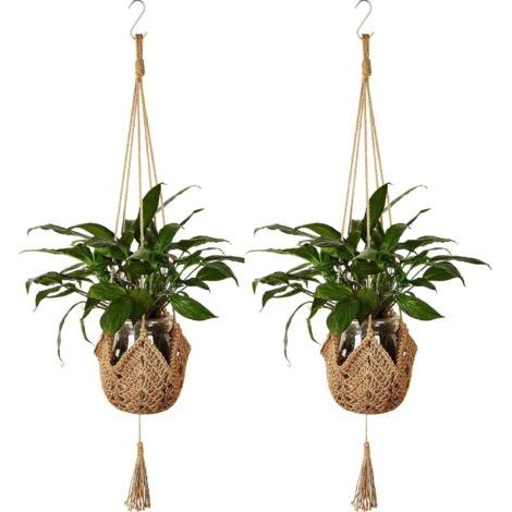 Brauner Geflochtener Hanfseil-hängekorb, Länge 105 Cm, 2 Kreative Garten-blumentöpfe, Hängenetztasche Mit Haken