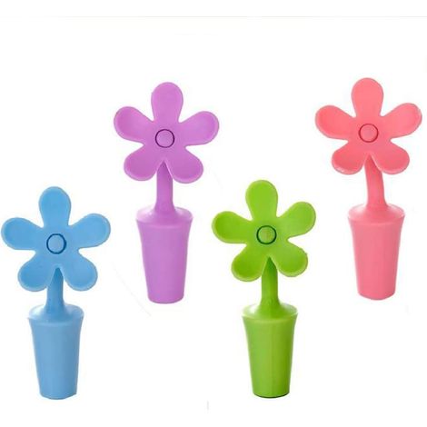 Lot Von 4 Wiederverwendbaren Bouchons De Bouteille Aus Silikon In Form Von Blumen – 9 X 4 Cm – Bouchons Décoratifs Et Ludiques Pour Bière, Champagne Et Vins Brauses
