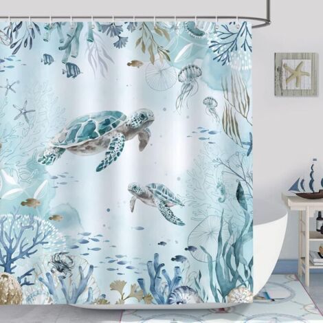 180 X 180 Rideau De Douche Tortue De Mer Océan Bleu Algue Rideau De Bain Tissu Polyester Anti Moisissure Imperméable Lavable Rideaux Salle De Bain