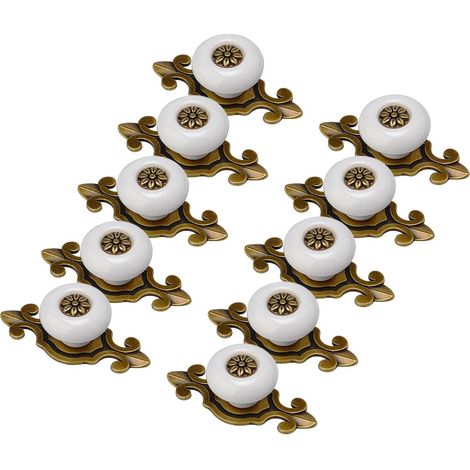 Möbelgriffe, 10-teiliges Set, Antiker Stil, Aus Weißem Porzellan Und Gealtertem Gold.