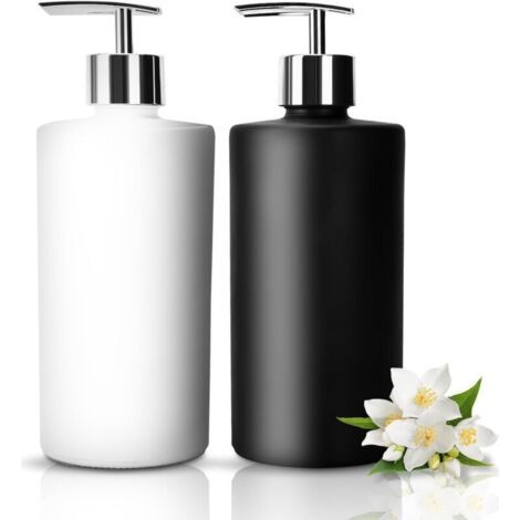 Lot Von 2 Distributeurs De Savon En Verre 450 Ml Noir Et Blanc Mat Pompe En Acier Inoxydable, Wiederaufladbar Für Küche Und Salle De Bain