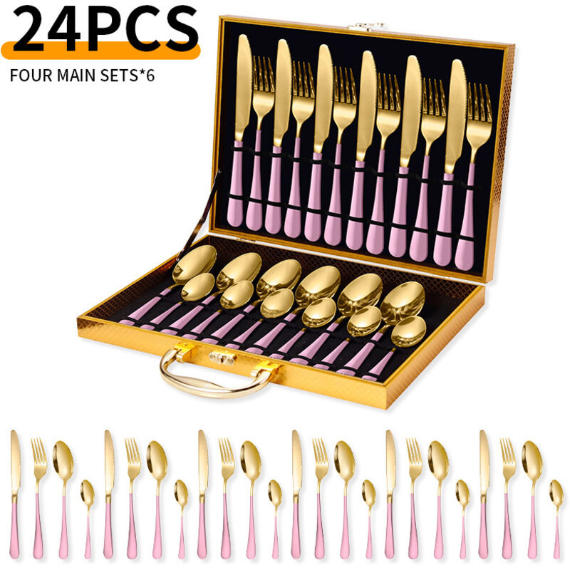 Service Mit 24 Besteckteilen Aus Edelstahl Für 6 Personen - Mit Box - Rosa Und Gold -