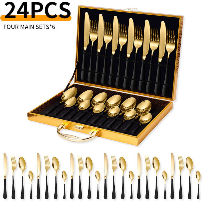 Service Mit 24 Besteckteilen Aus Edelstahl – Für 6 Personen – Mit Box – Edelstahl – Schwarz/gold