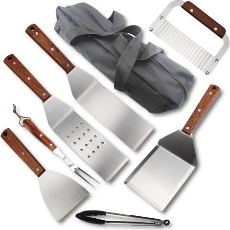 Grill-utensilienset – Kit Mit 8 Grillzubehörteilen Aus Rostfreiem Edelstahl Mit Einigen Holzstücken – Komplettes Grill-utensilien- Und Grillzubehör-set In Einem Sortimentsbeutel