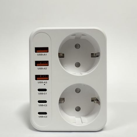 Weiße 8-in-1-preisverlängerung (eu-norm), Ausgestattet Mit 2 Strompreisen, 3 Usb-a-anschlüssen Und 3 Usb-c-anschlüssen.