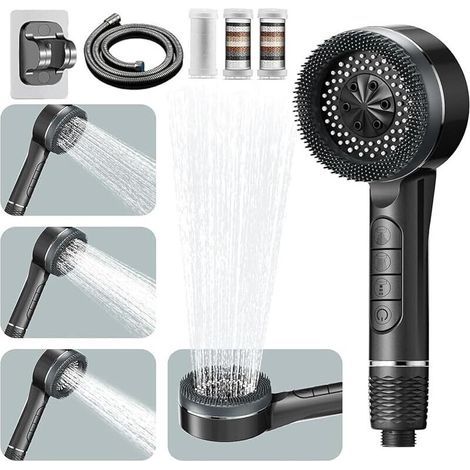 Pommeau De Douche Haute Pression, 4 Arten Von Düsen Mit Bouton D'Arrêt D'Eau Pommeau De Douche Anti Calcaire Mit Tuyau Douche 1.5m Und Support De Douche, Pomme De Duche Economie, Grau