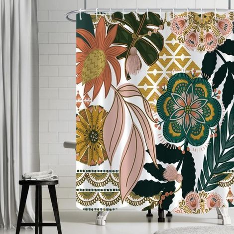 180x180cm Rideau De Douche Boho Style Fleurs Rose Feuille Vert Rideau Baignoire Anti Moisissure Imperméable Tissu Polyester Lavable Rideau Salle De Bain