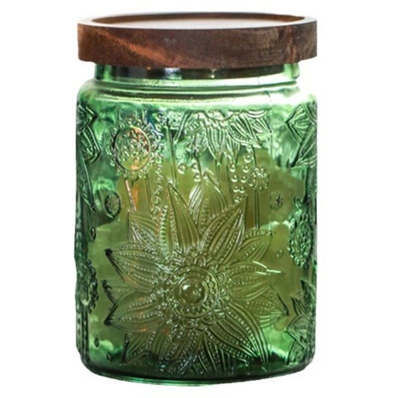 Vorratsdose Aus Glas Mit Massivholzdeckel, Geprägtes Sonnenblumenmuster, 700 Ml, Grün ()