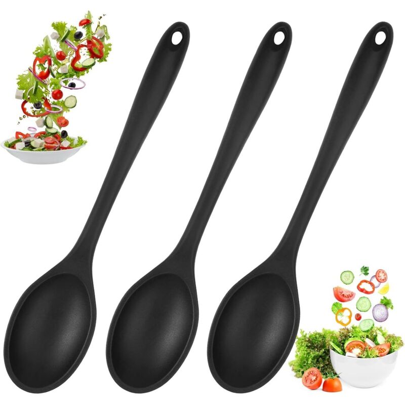 Silikon-küchenlöffel-set Mit 3 Stück – Schwarze Silikonlöffel Mit Antihaftbeschichtung, 20,3 Cm Langer Griff, Bpa-frei, Zum Kochen, Backen Und Mischen
