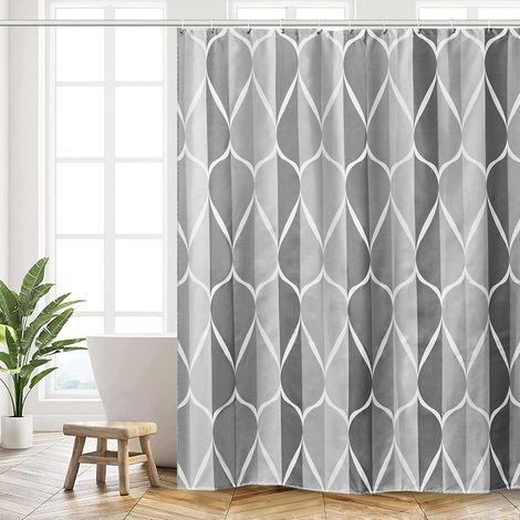 Rideau De Douche 180x200 Cm, Maschinenwaschbares Polyester Mit Ourlet Inférieur Lesté Und 12 Häkeln, Rideau Baignoire, Vagues Gris