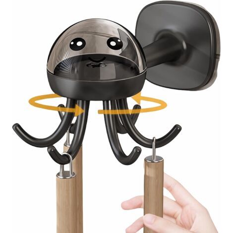2 Stück, Um 360° Drehbare Haken, Küchenhaken – Schwarz, Wand-utensilienhalter, Kleine Oktopus-utensilienstange, Drehbare Barablage Mit 6 Haken, Für Küche, Badezimmer, Büro