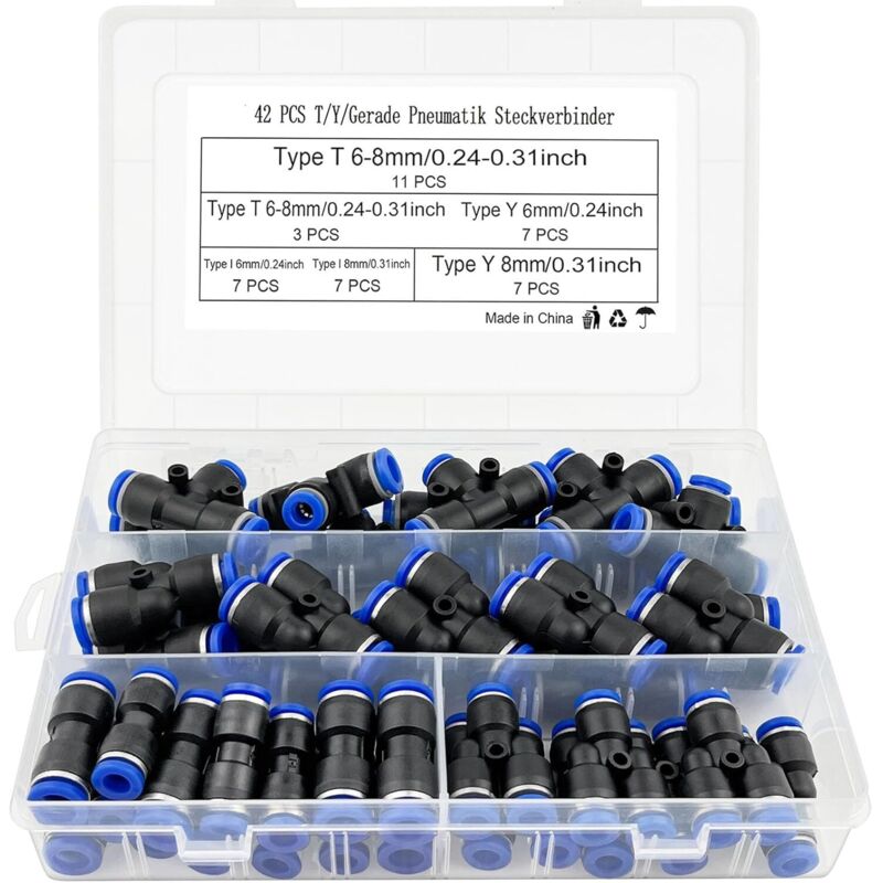 42 X Pneumatikverschraubung T/y/i, Gerader Typ, Schnellkupplung, Druckluft, 6 Mm/8 Mm, Kompressoranschluss Mit Box