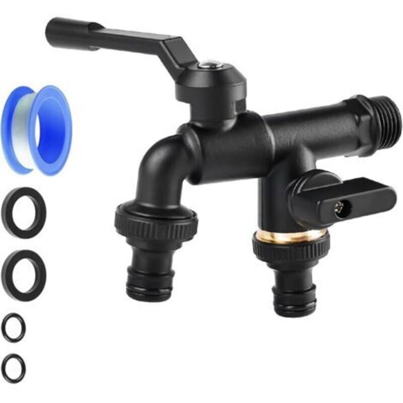 Robinet Double Sortie En Laiton, Robinet De Jardin 1/2", Robinet Antigel, Robinet Double Machine A Laver Avec 2 Sorties 3/4"", 1 Rouleau De Ruban D'Étanchéité, Double Robinet Pour Jardin Exterieur
