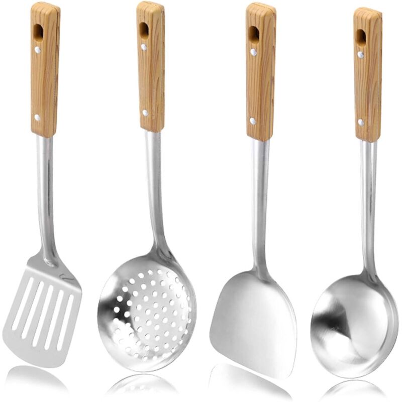 Set Mit 4 Wok-utensilien Aus Edelstahl: Wok-spatel, Schaumkelle, Schaumkelle Und Schaumlöffel – Küchenutensilien Aus Metall