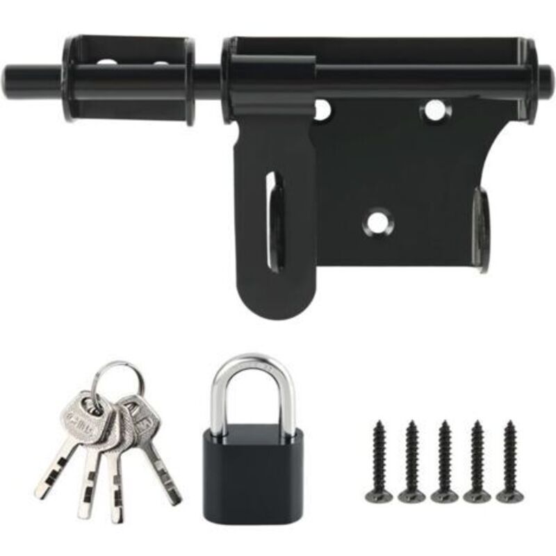 Pr Außen-/innentürschloss Mit Vorhängeschloss, Edelstahl-schiebetürriegel Für Fenster, Schrank Und Garten, Mattschwarze Oberfläche, 150 Mm Stange, Ems350b-set