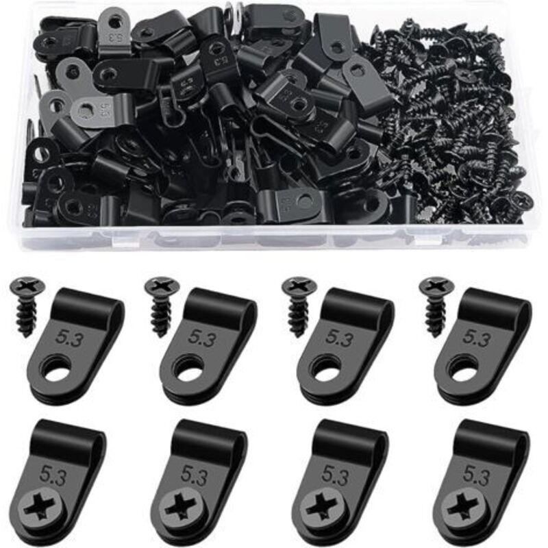 100 Stück 5,3 Mm (3/16 Zoll) R-typ-kabelbinder-drahtklemmen, R-typ-nylon-kunststoff-kabelklemmen Mit 100 Stück Schrauben, Für Kabelmanagement (schwarz)