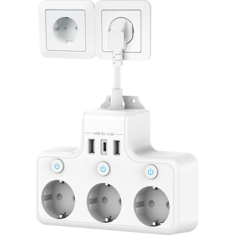 Wandsteckdosenleiste Mit Einzelschalter, 3 Usb-c-buchsen Und 3 Usb-ladegeräten, Kurzes 0,1 M Kabel, Ideal Für Küche Oder Büro. Farbe: Weiß.