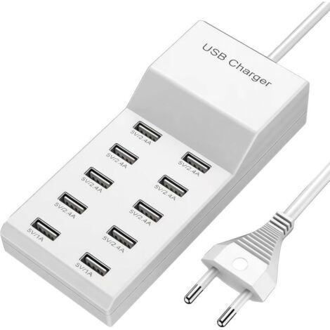 Weißes Mehrfach-usb-ladegerät, 50 W, Ladestation, 10 Anschlüsse, Einzigartiger Anschluss 5 V/2,4 A/1 A, Usb-stromversorgungsblock, Ladestation