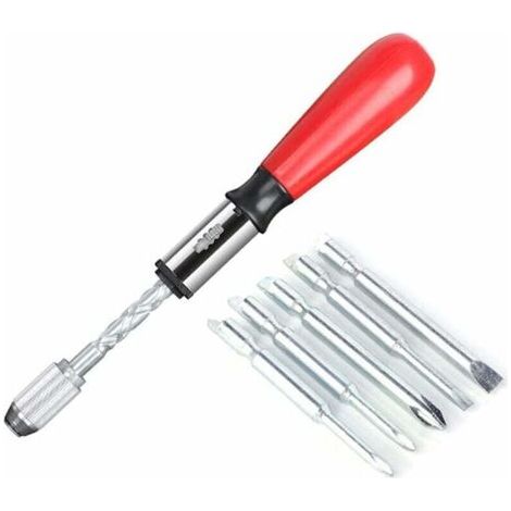 Spiralschraubendreher, Push-pull-ratschenschraubendreher, 6-in-1 Push-pull-ratschenschraubendreher-set, Halbautomatischer Presstyp (rot)