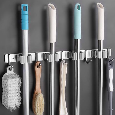 Wandbesenhalter Mit 4 Schlitzen Und 5 Haken, Edelstahl, Selbstklebend, Für Küche, Bad Und Garten, Grau.