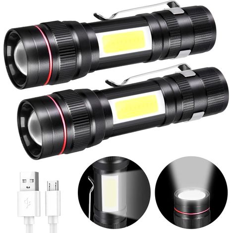 Led-taschenlampe, Wiederaufladbar, 800 Lm, 3 Modi Und Zoombar, Tragbare Cob-taktlampe, 2 Stück [energieklasse A+++]