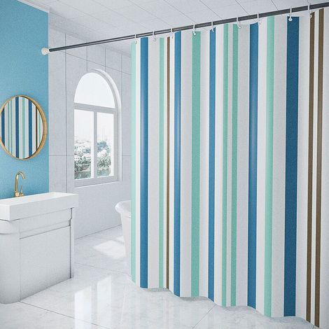 180 X 200 Cm Rideau De Douche Mit 12 Häkeln Séchage Rapide (rayures Bleues), Wasserfestes, Maschinenwaschbares Polyestergewebe, Rideaux Salle De Bain