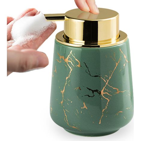 Céramique Mousse Distributor De Savon, 380ml Motif Marbre Avec Grande Tête De Pompe Distributor De Salle De Bain, Vert